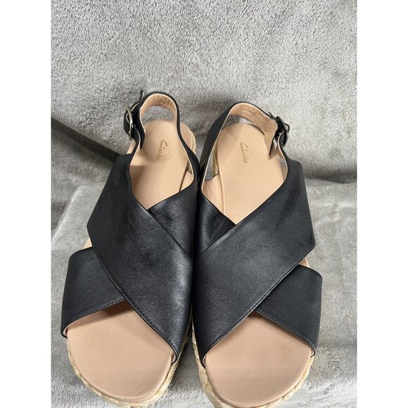 Clarks Women’s 11  Kimmei Wedge Sandal Black Leather Cross Wide Strap Slingback - Picture 9 of 11